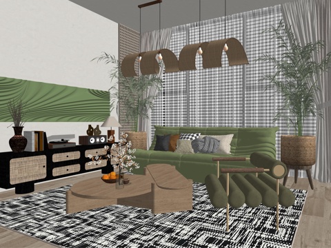 中古风家装客厅多人沙发su模型