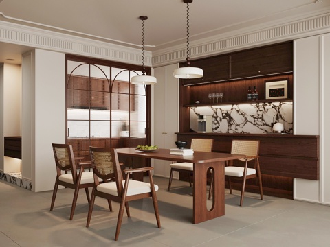 现代中古风餐厅 酒柜 餐桌椅 餐边柜su模型