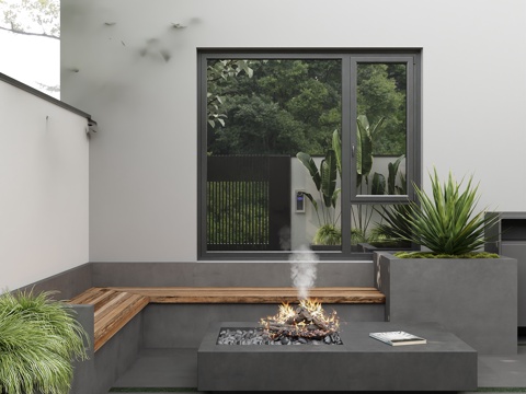  现代别墅花园 自建房别墅景观 休闲转角卡座 酒精炉花池组合3d模型 