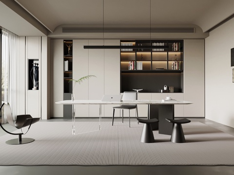 现代意式书房 书柜 书桌椅su模型