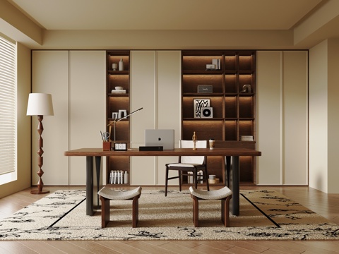 法式中古书房 书桌椅 书柜 落地灯su模型