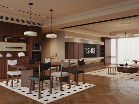  中古风客餐厅 客厅 餐厅 电视背景墙3d模型 