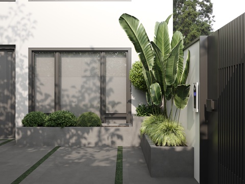  现代别墅花园金属入户门 花池绿植 自建房别墅景观组合3d模型 