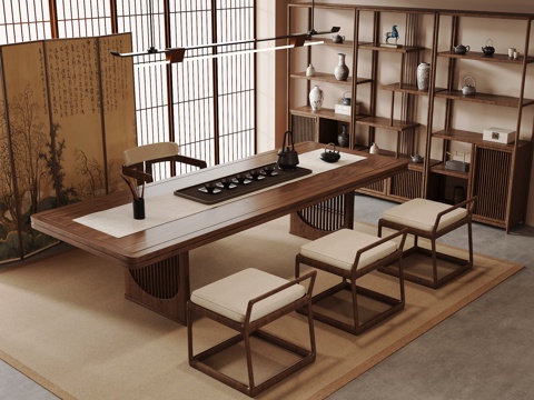 新中式茶室 茶桌椅 博古架su模型