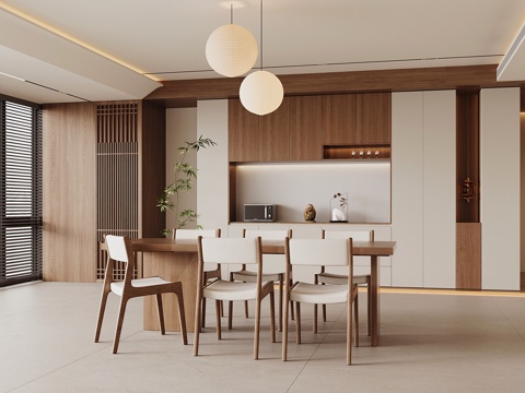 新中式餐厅 餐桌椅 酒柜 餐椅su模型