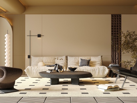 中古侘寂风客厅 沙发茶几组合 绿植 饰品摆件 台灯  背景墙su模型