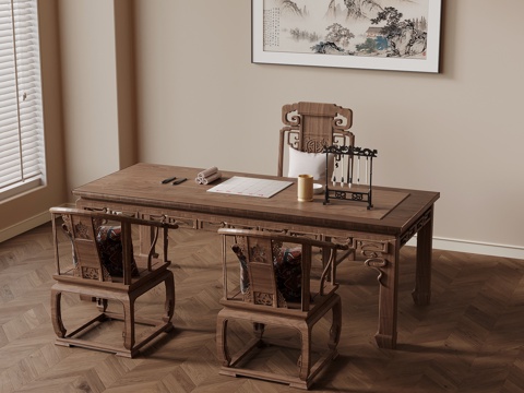 中式书桌椅 办公桌椅su模型