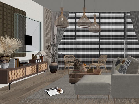 中古风家装客厅多人沙发su模型