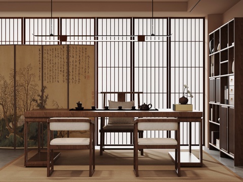 新中式茶室 茶桌椅 博古架su模型