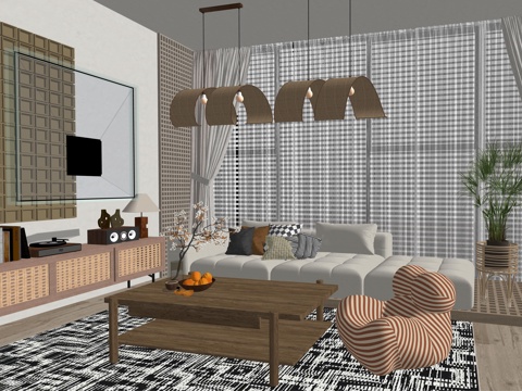 中古风家装客厅多人沙发su模型