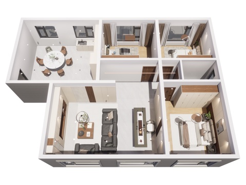 现代奶油风家装鸟瞰 室内家装空间 鸟瞰图 现代家装样板房su模型