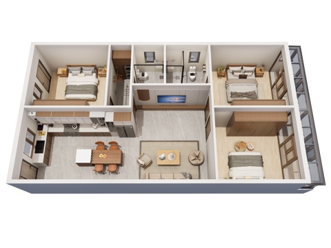  日式家装鸟瞰 日式样板房 客厅 厨房 卧室 卫生间 洗衣房3d模型 