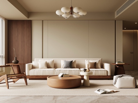 客厅 中古风客厅 沙发背景墙 沙发茶几组合su模型