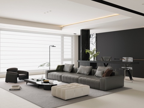 现代极简家居客厅 黑白客厅 沙发茶几组合 高级灰客厅 休闲椅su模型