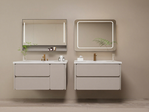 ​​北欧风双智能镜浴室柜 鎏金呼吸水龙头su模型