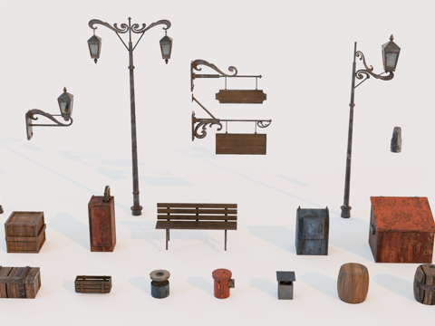 工业风街道资产 复古路灯 工业风垃圾桶 木箱 户外长椅su模型