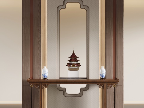 新中式玄关隔断 玄关背景墙 端景柜su模型