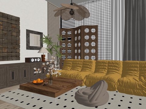 中古风家装客厅多人沙发su模型