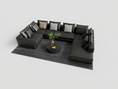 现代黑色皮革沙发茶几组合 L型沙发 几何抱枕 玻璃花器 水果su模型