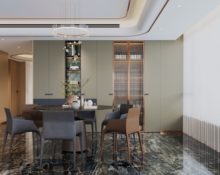  现代意式家居餐厅 轻奢意式餐厅 圆桌餐厅 岛台餐厅 玻璃酒柜3d模型 