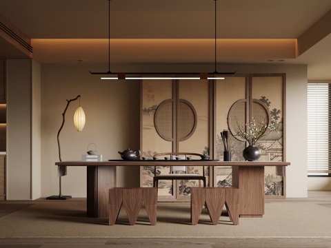 新中式茶室 茶桌椅 屏风su模型