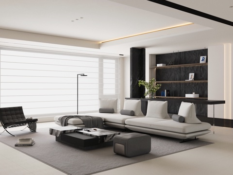 现代极简家居客厅 黑白客厅 沙发茶几组合 高级灰客厅 休闲椅su模型