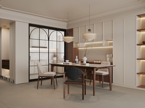 中古风餐厅 餐边柜 餐桌椅su模型