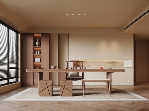 中古风茶室 茶桌椅 背景墙su模型