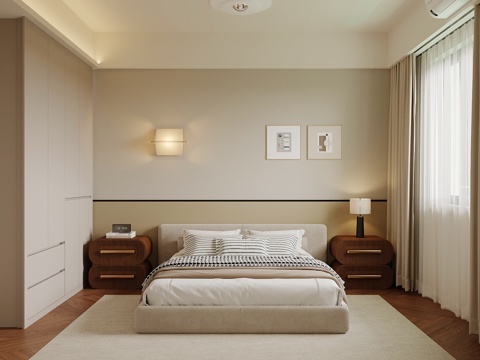 现代中古风卧室 床 衣柜 床头柜su模型