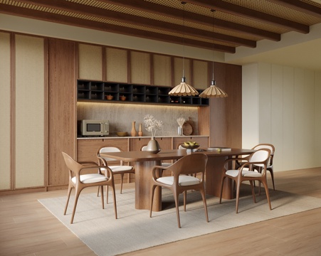 中古风餐厅 酒柜 餐边柜 餐桌椅su模型