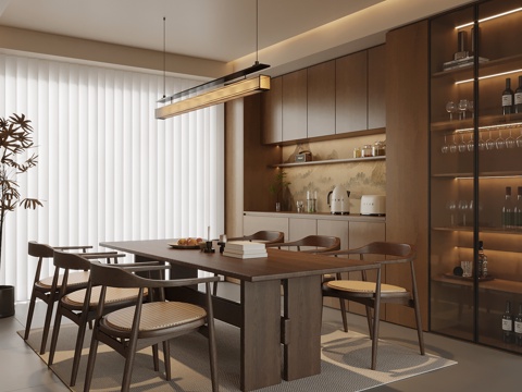 新中式餐厅 餐桌椅 备餐柜su模型