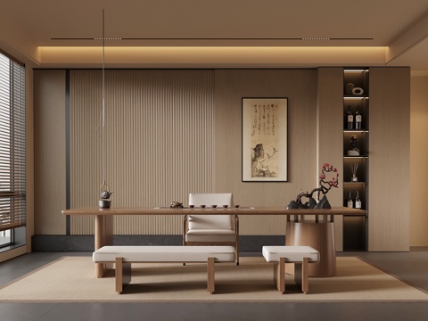 新中式茶室 茶柜 茶桌椅su模型