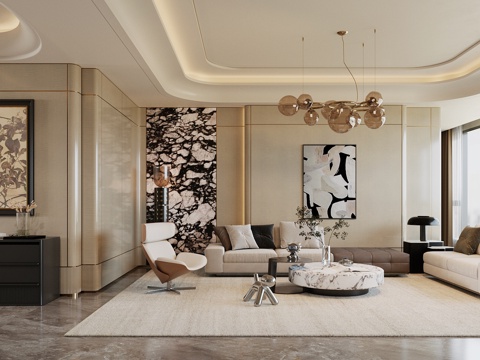  现代意式客厅 轻奢意式客厅 高级灰客厅 海派风客厅 沙发茶几3d模型 