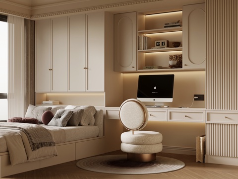 法式奶油榻榻米卧室su模型