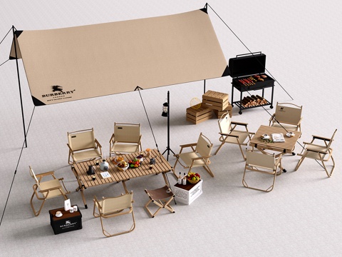 现代户外桌椅 露营桌椅 遮阳篷 烧烤炉su模型