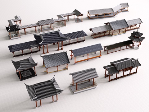  中式仿古景观长廊 连廊 回廊 景观木凉亭3d模型 