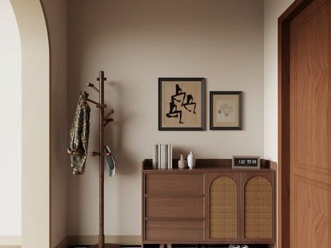 中古风玄关 鞋柜 挂衣架su模型