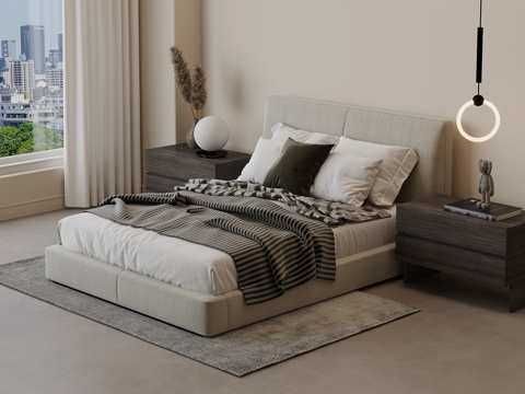  现代双人床 床头柜3d模型 