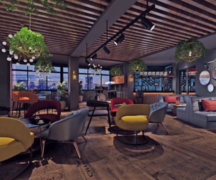  工业风酒吧 清吧 酒柜 吧台 绿植吊灯3d模型 