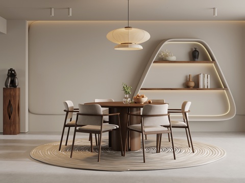 中古风餐厅 餐桌椅 背景墙su模型