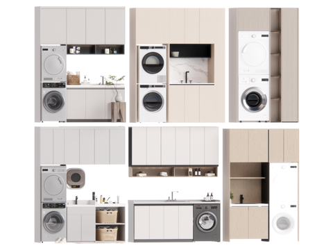 现代洗衣机柜 洗衣机 烘干机su模型