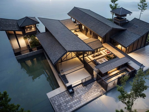 新中式民宿建筑 庭院景观su模型