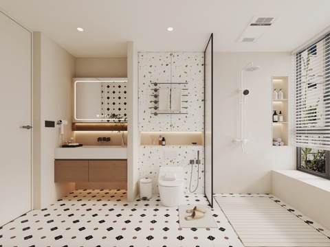  现代奶油卫生间 复古卫生间 干湿分区 简约卫生间3d模型 