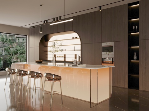  现代意式餐厅 餐边柜 酒柜 岛台 吧台 餐桌椅3d模型 