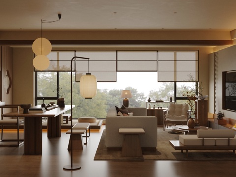 新中式禅意客餐厅 中式客餐厅 宋式美学客餐厅 沙发茶几组合su模型