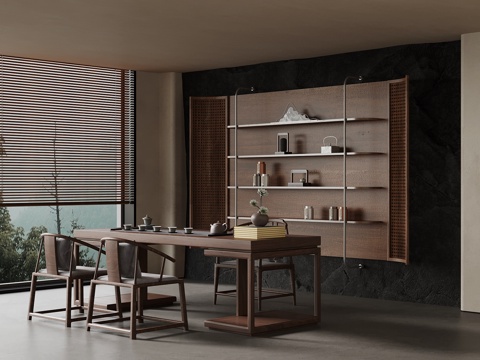 新中式茶室 茶桌椅 茶柜 置物架su模型