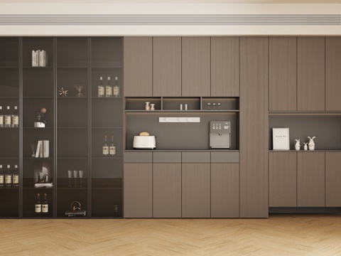 现代轻奢餐边柜 轻奢意式餐边柜 餐边柜摆件 玻璃门餐边柜su模型