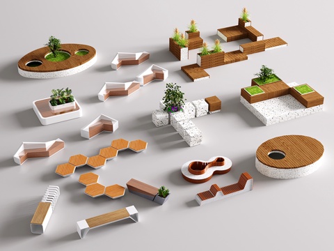 现代休闲长凳 庭院卡座 景观座椅 公共长凳 生态座椅su模型