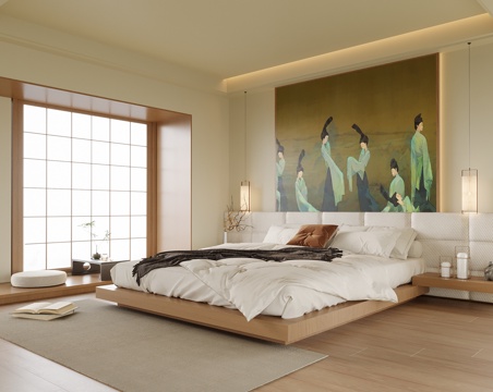 日式卧室 双人床 飘窗 飘窗茶桌椅su模型