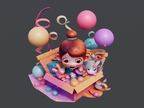 礼盒里的小女孩和气球su模型